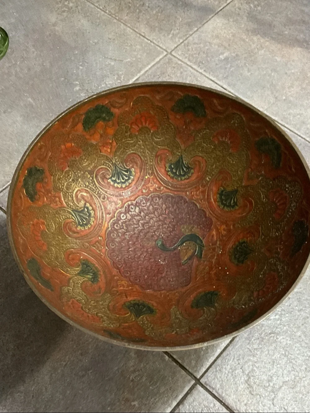 Decorative Brass Pedestal Bowl with Red and Green Enamel